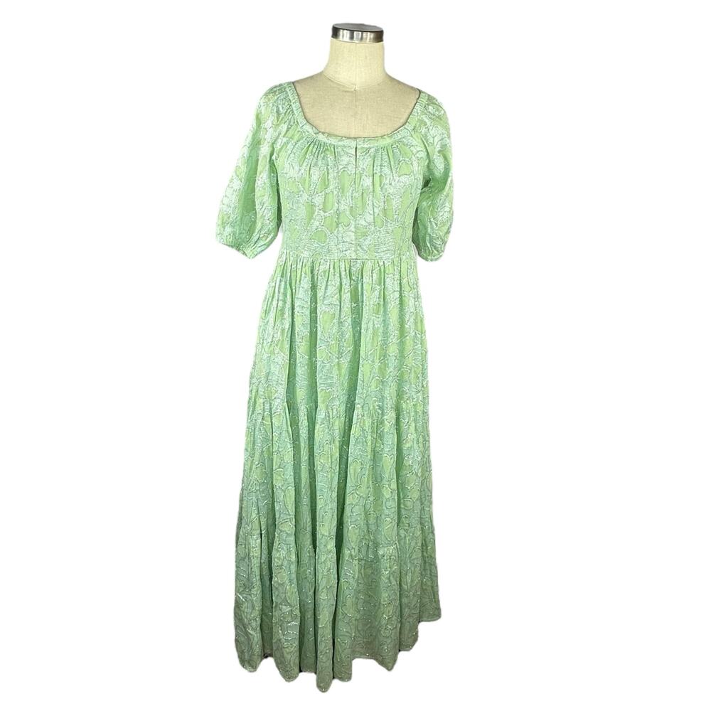 ROLLER RABBIT Clermont Zara Metallic Tiered Maxi Dress Women's Size Small Green